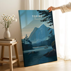 Tofino Canada Wall Art Print | Wilderness Lake and Mountain Travel Poster displayed indoors with mountain and water scene.