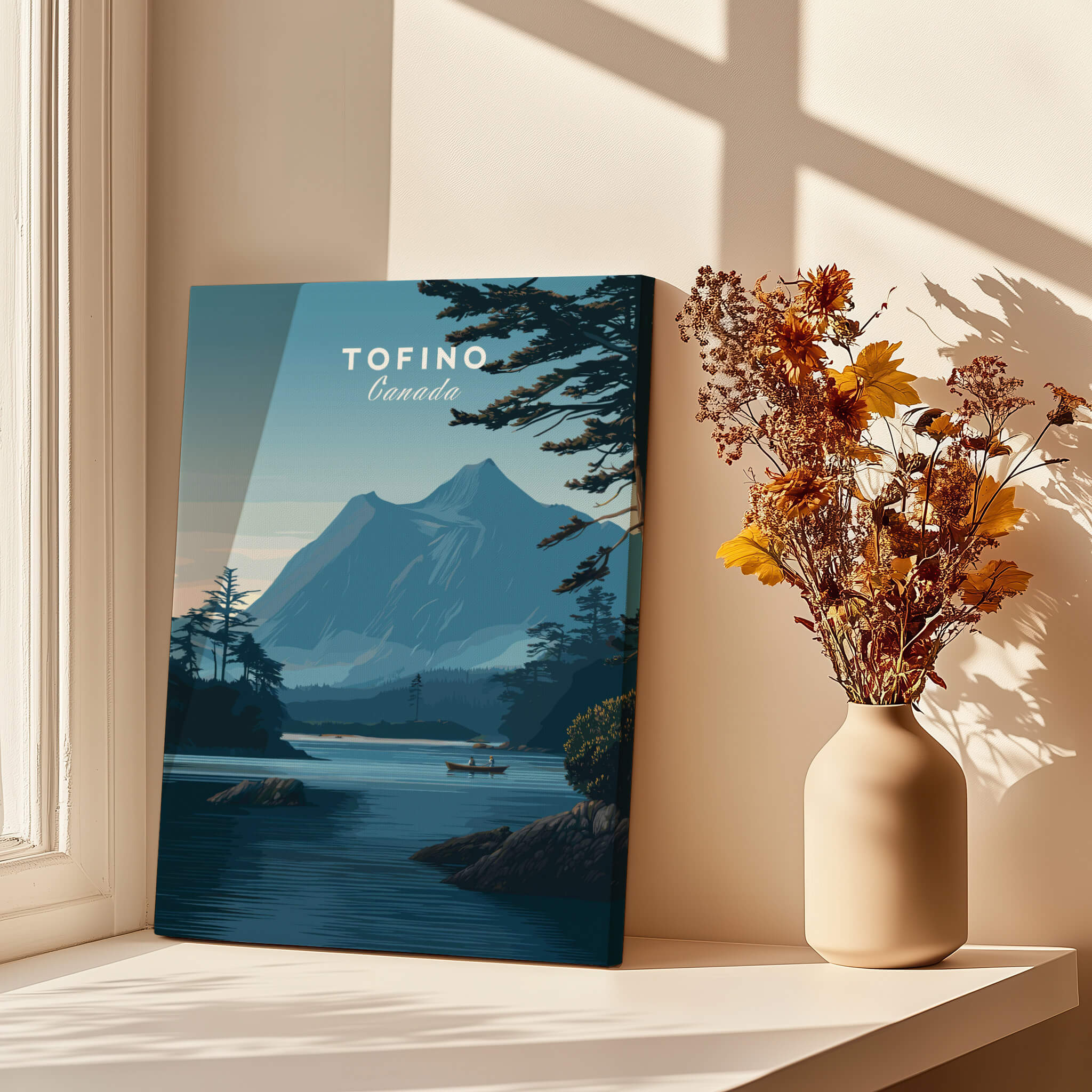 Tofino Canada Wall Art Print | Wilderness Lake and Mountain Travel Poster featuring serene lake and mountain landscape.