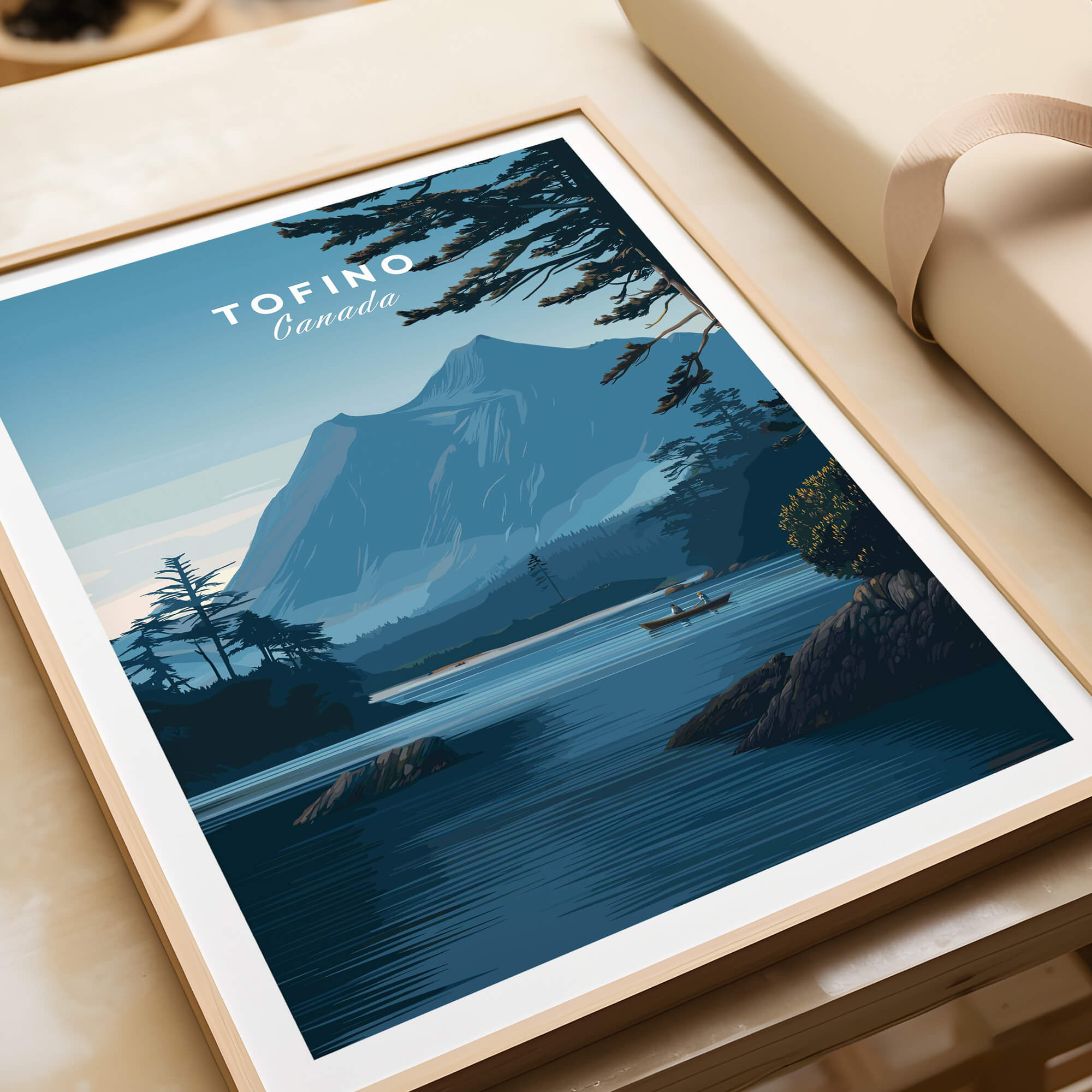 Tofino Canada Wall Art Print | Wilderness Lake and Mountain Travel Poster featuring serene lake and mountains.