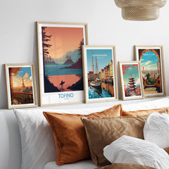 Tofino Canada Canvas Print | Coastal Pine Tree & Ocean View Poster displayed among other travel posters.