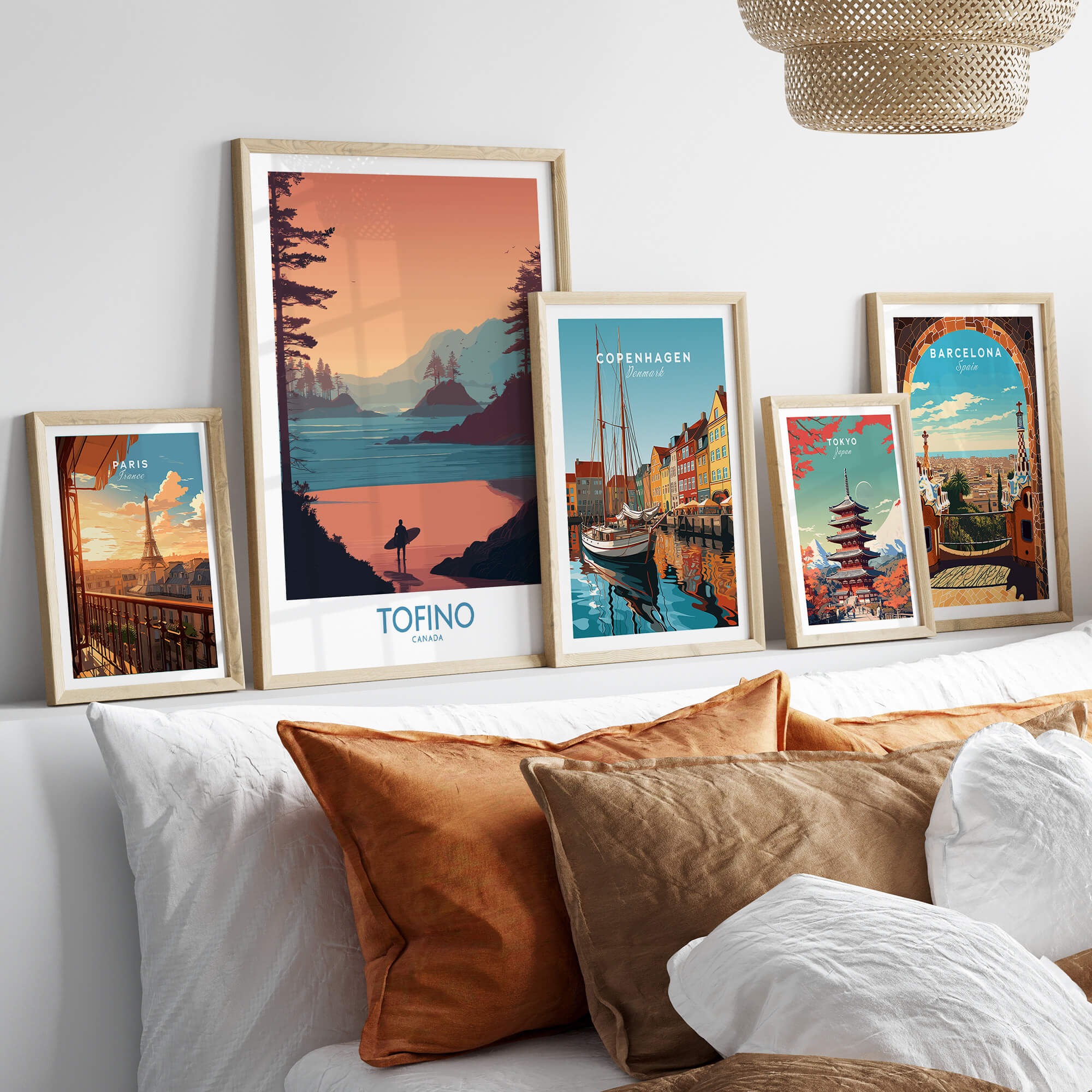 Tofino Canada Canvas Print | Coastal Pine Tree & Ocean View Poster displayed among other travel posters.
