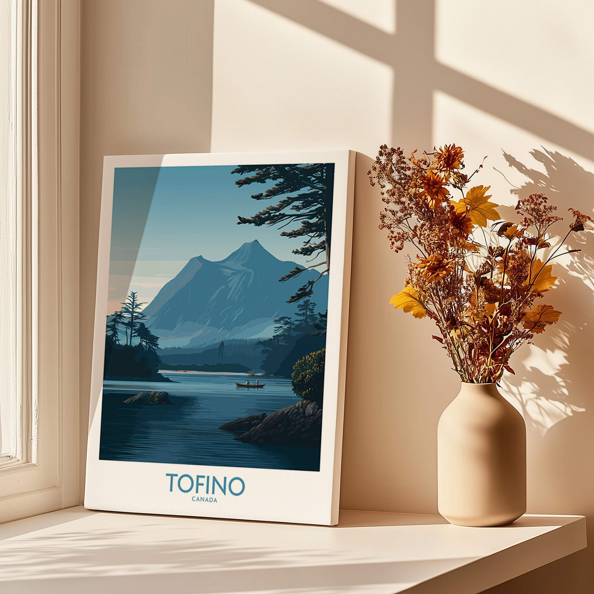 Tofino Canada Poster | Serene Canoe Landscape Scene Canvas Print in a bright room with a vase of flowers.