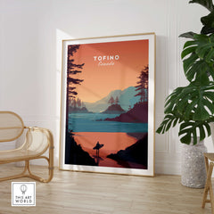 Tofino Canada Travel Poster | Sunset Beach Landscape Wall Art Print featuring a stunning sunset over serene waters.