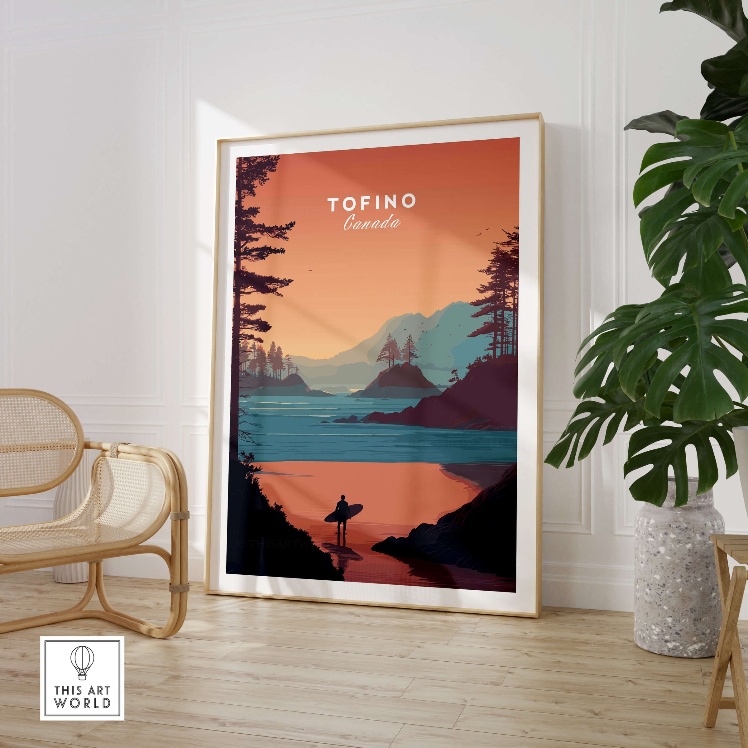 Tofino Canada Travel Poster | Sunset Beach Landscape Wall Art Print featuring a stunning sunset over serene waters.