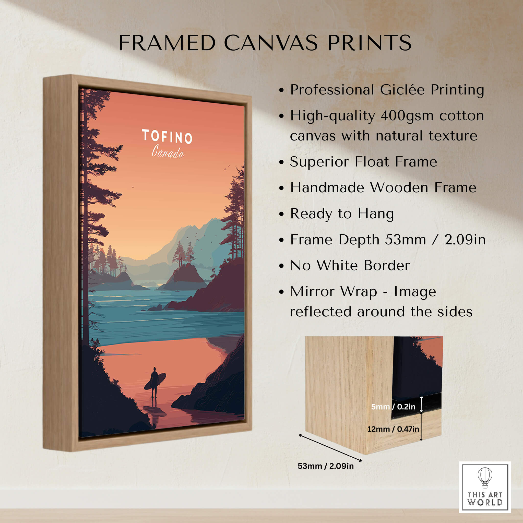 Tofino Canada Travel Poster | Sunset Beach Landscape Wall Art Print framed canvas print with professional Giclée printing.