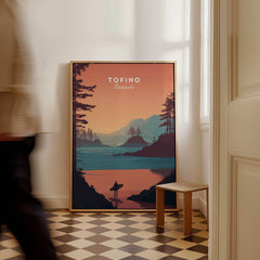 Tofino Canada Travel Poster | Sunset Beach Landscape Wall Art Print featuring a vibrant sunset over serene coastal scenery.