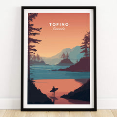 Tofino Canada Travel Poster | Sunset Beach Landscape Wall Art Print showcasing a surfer against a vibrant sunset background.