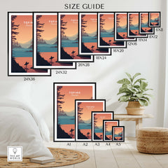 Tofino Canada Travel Poster | Sunset Beach Landscape Wall Art Print size guide showcasing various frame dimensions.