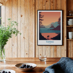 Tofino Canada Canvas Print | Coastal Pine Tree & Ocean View Poster displayed in a rustic wooden setting with decor.