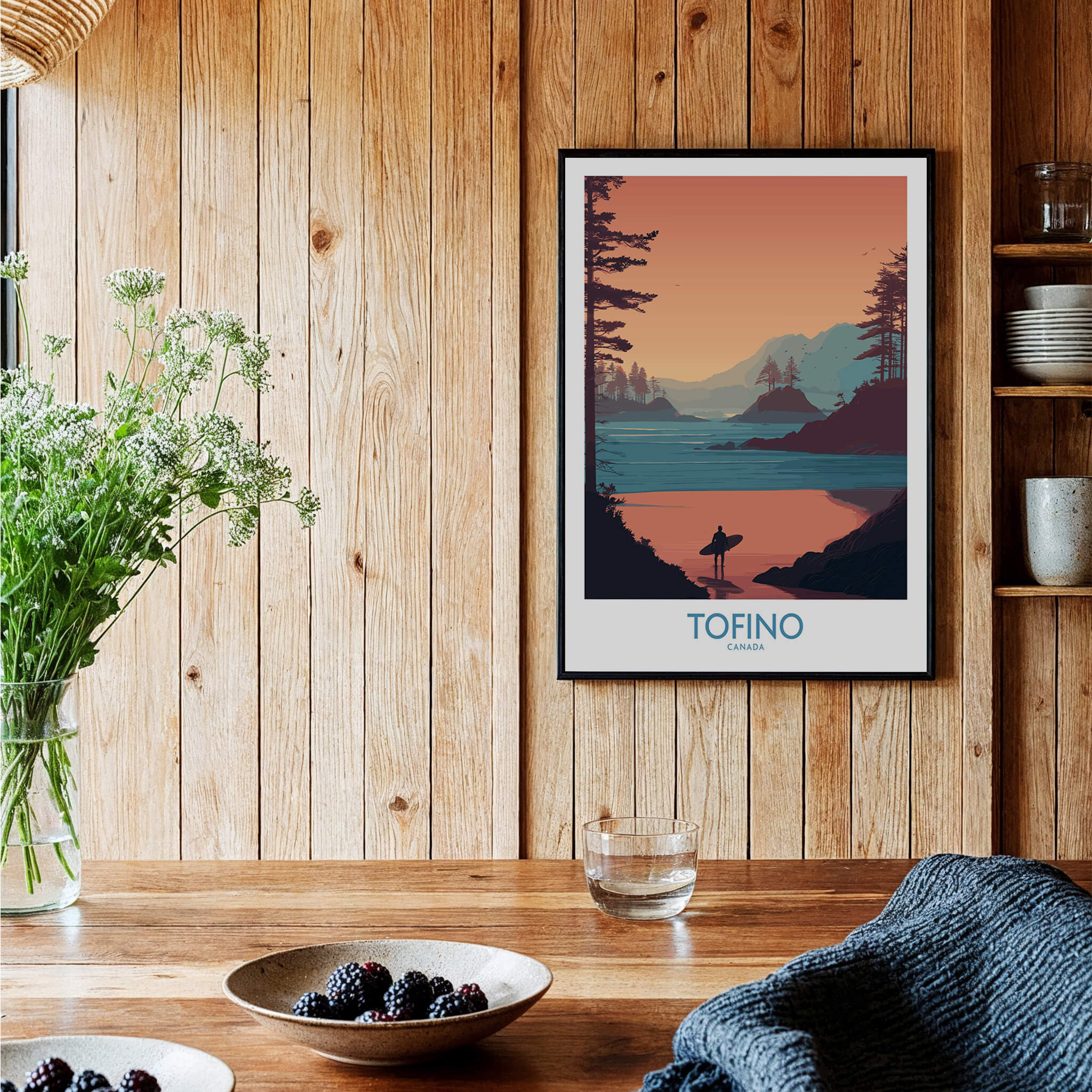 Tofino Canada Canvas Print | Coastal Pine Tree & Ocean View Poster displayed in a rustic wooden setting with decor.