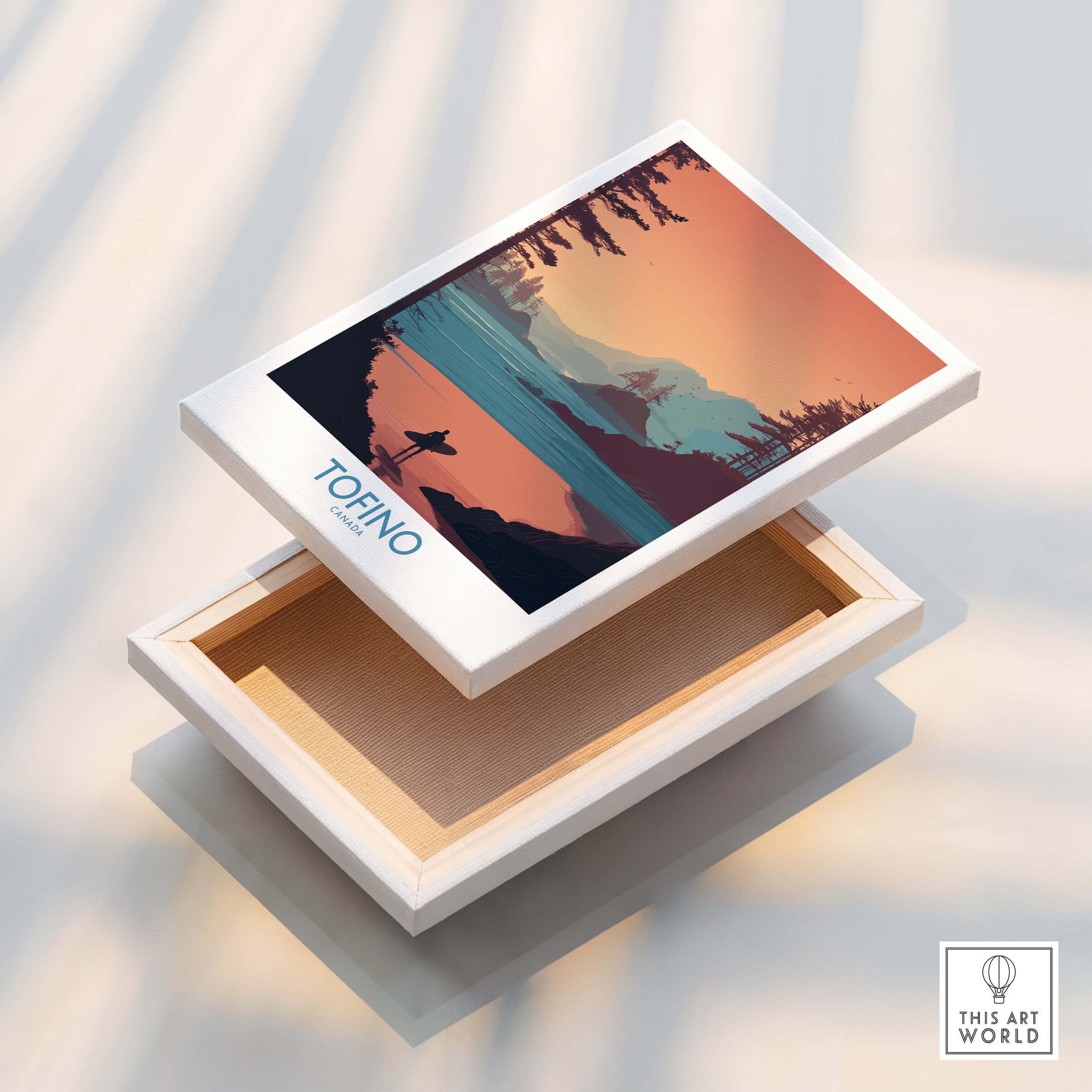 Tofino Canada Canvas Print | Coastal Pine Tree & Ocean View Poster displayed on a box, showcasing a scenic landscape.