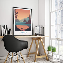 Tofino Canada Canvas Print | Coastal Pine Tree & Ocean View Poster displayed in a modern home office setting.