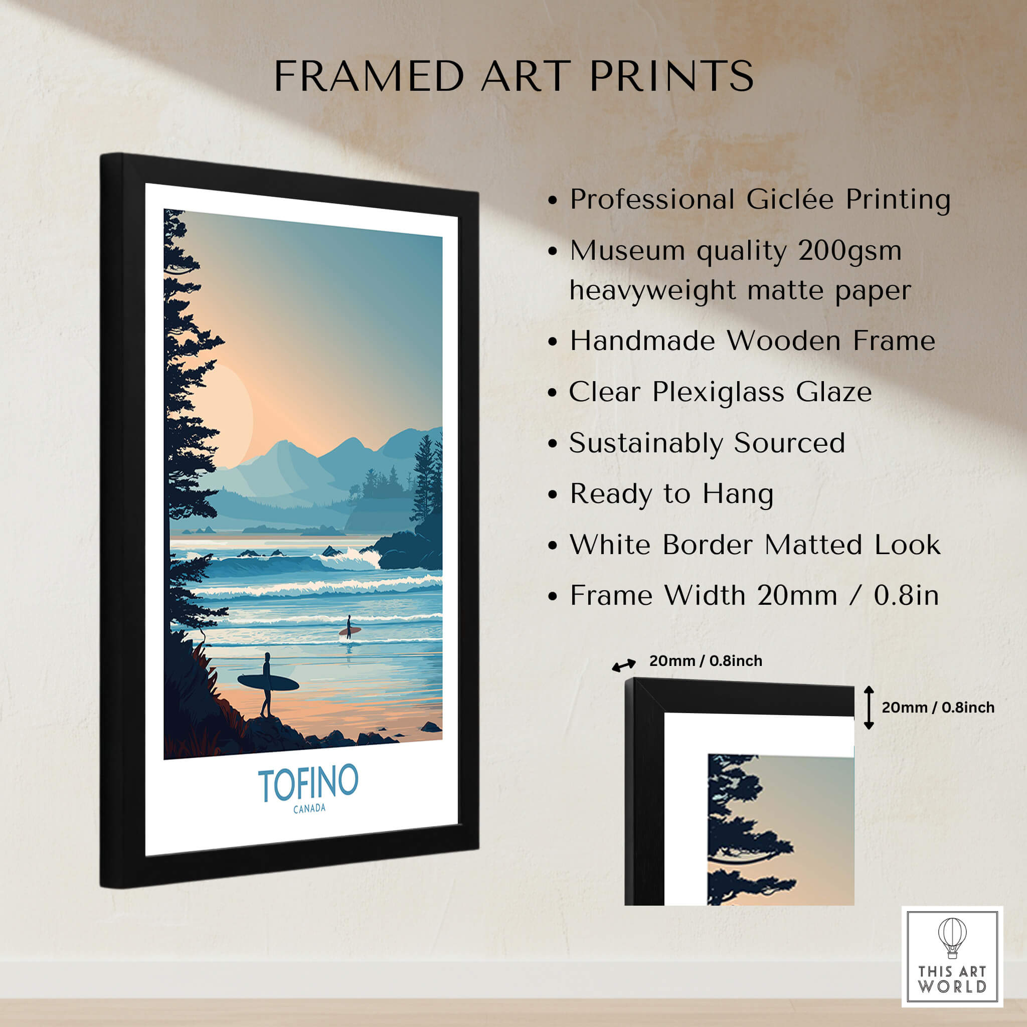 Tofino Canada Poster | British Columbia Coastal Sunset Canvas Print showcased in a framed art print design.