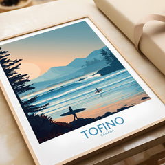 Tofino Canada Poster | British Columbia Coastal Sunset Canvas Print featuring surfers and serene ocean waves.