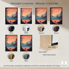 Tofino Canada Travel Poster | Sunset Beach Landscape Wall Art Print framed in various frame colors including black, white, natural, brown, gold, silver.