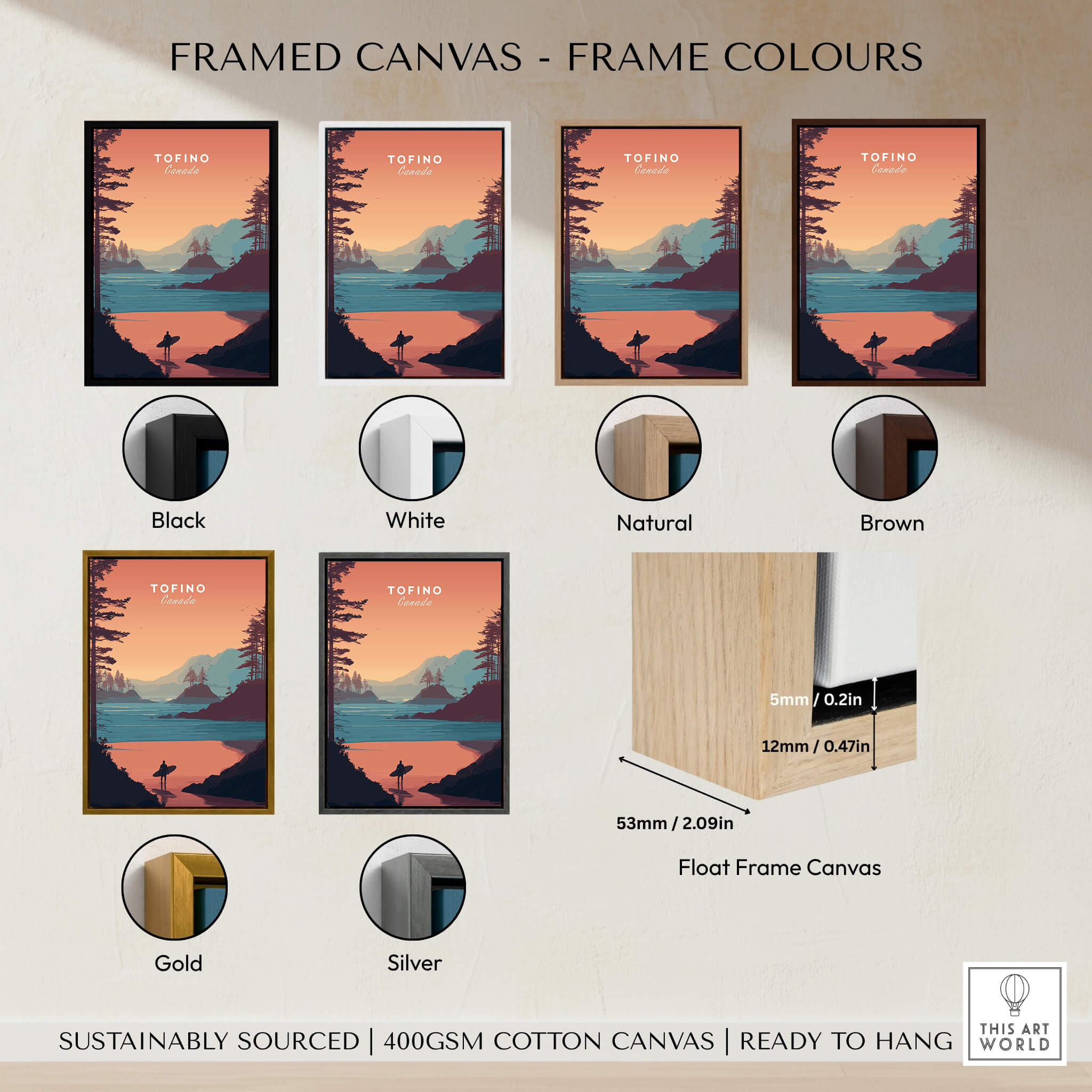 Tofino Canada Travel Poster | Sunset Beach Landscape Wall Art Print framed in various frame colors including black, white, natural, brown, gold, silver.