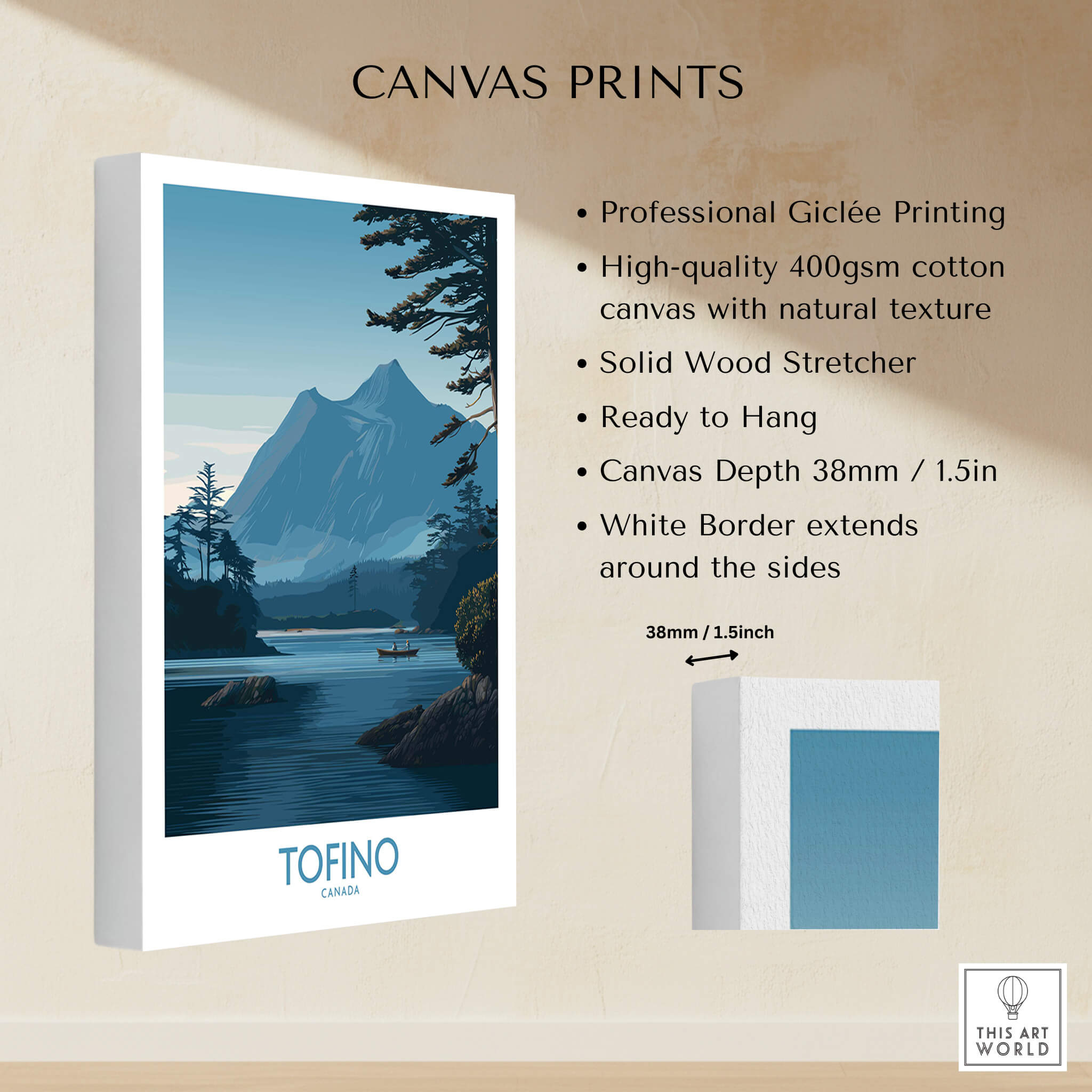 Tofino Canada Poster | Serene Canoe Landscape Scene Canvas Print with high-quality Giclée printing.