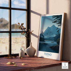Tofino Canada Poster | Serene Canoe Landscape Scene Canvas Print displayed in a cozy indoor setting.