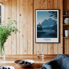 Tofino Canada Poster | Serene Canoe Landscape Scene Canvas Print in a cozy interior with wood paneling.