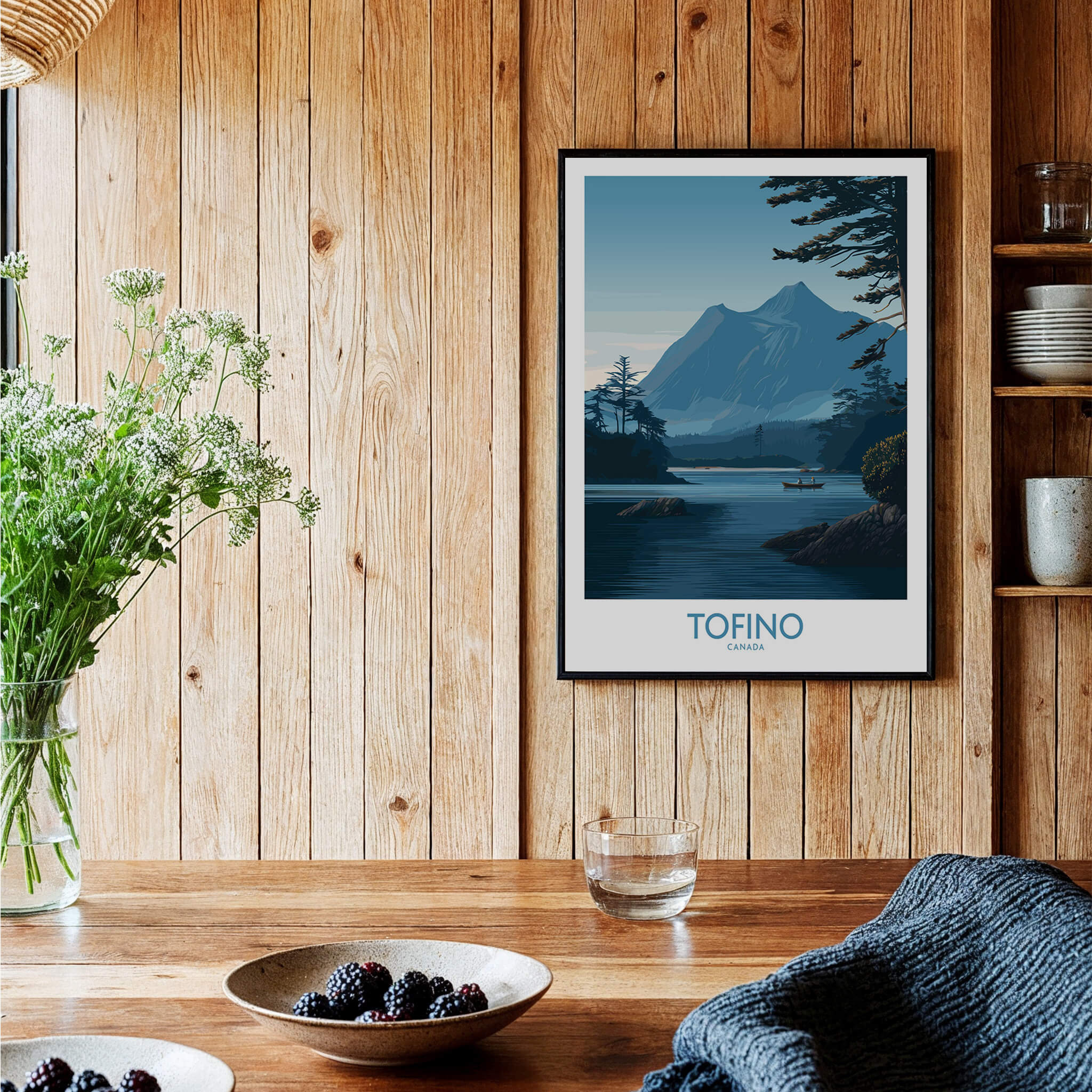 Tofino Canada Poster | Serene Canoe Landscape Scene Canvas Print in a cozy interior with wood paneling.