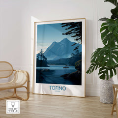 Tofino Canada Poster | Serene Canoe Landscape Scene Canvas Print featuring serene waters and distant mountains.