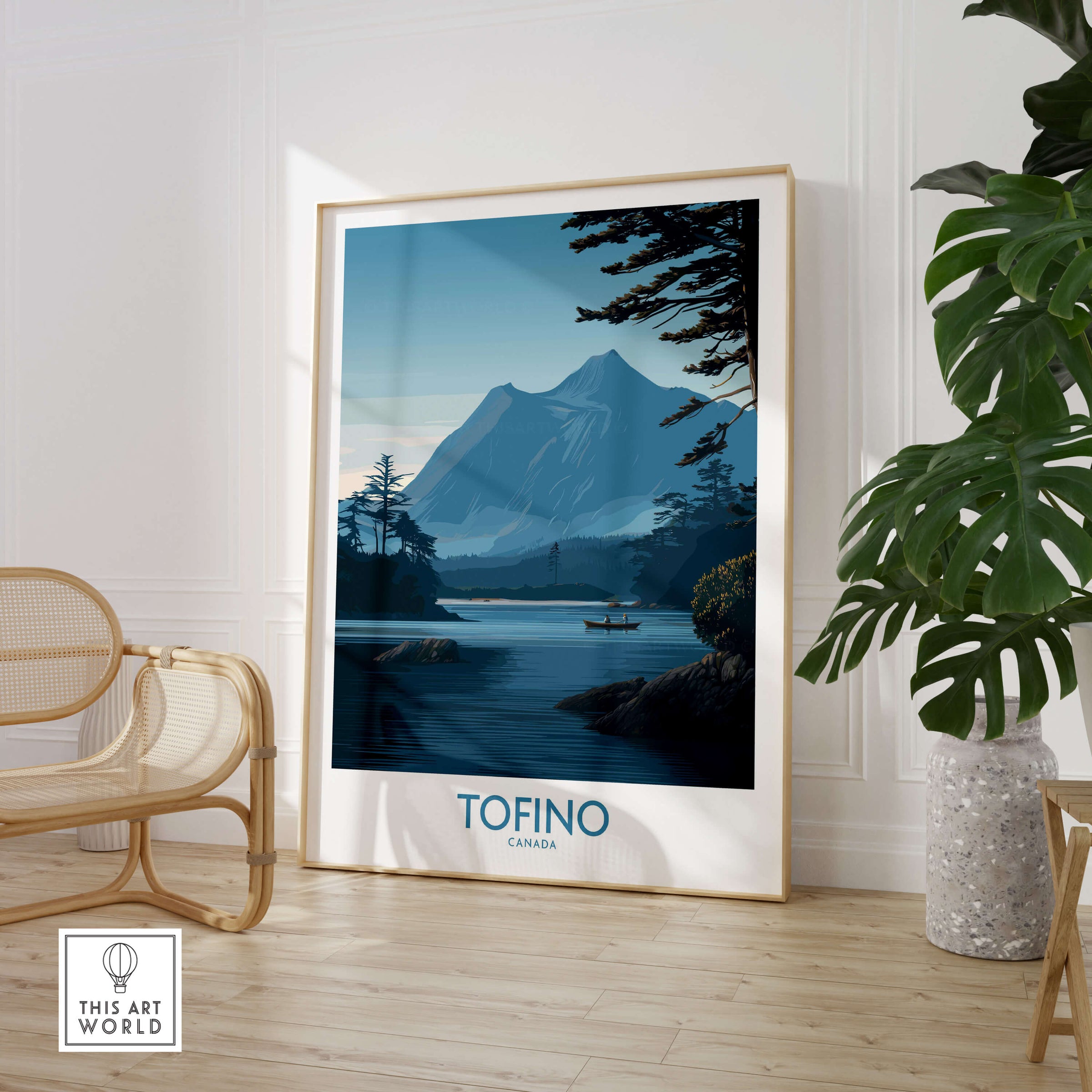 Tofino Canada Poster | Serene Canoe Landscape Scene Canvas Print featuring serene waters and distant mountains.