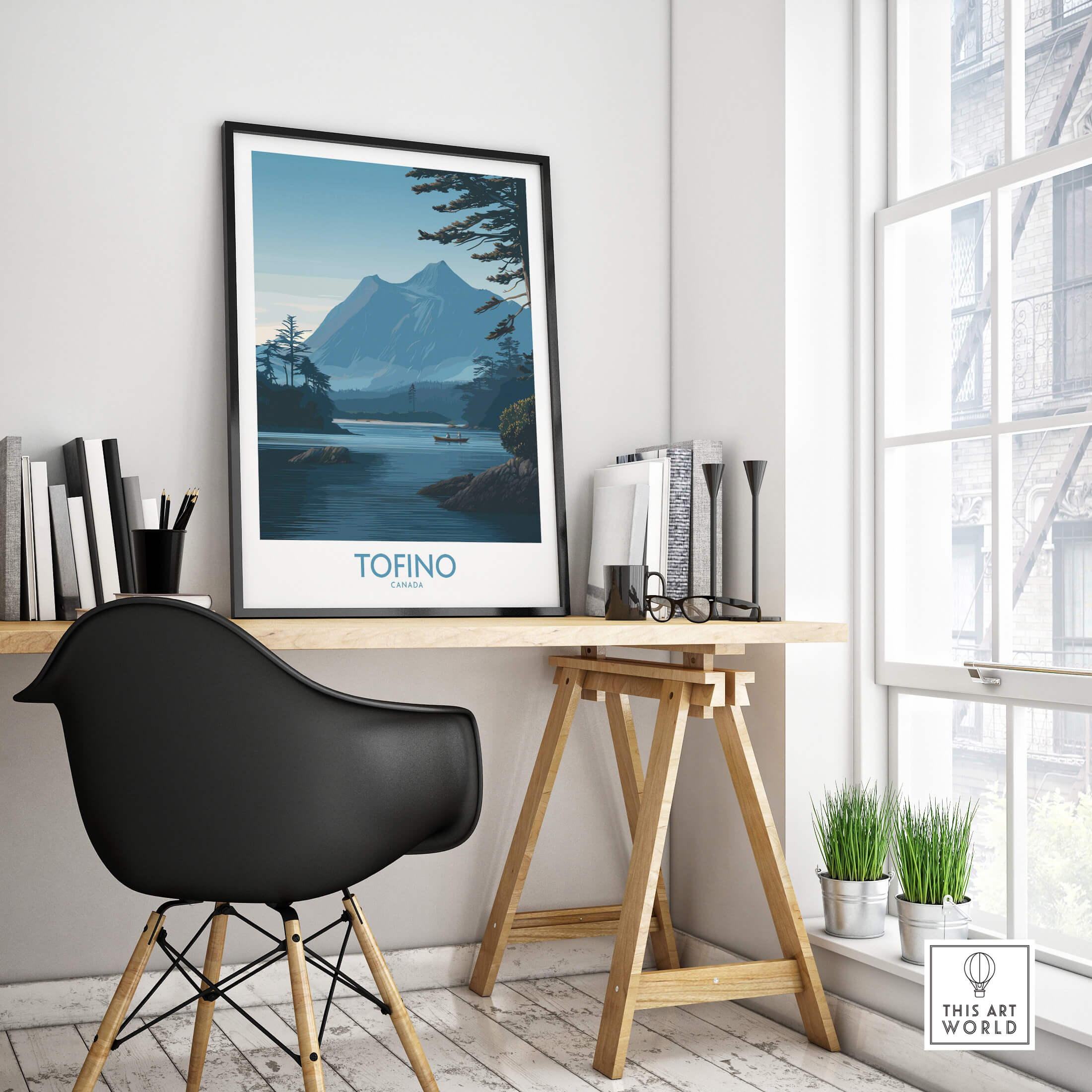 Tofino Canada Poster | Serene Canoe Landscape Scene Canvas Print displayed in a modern workspace.