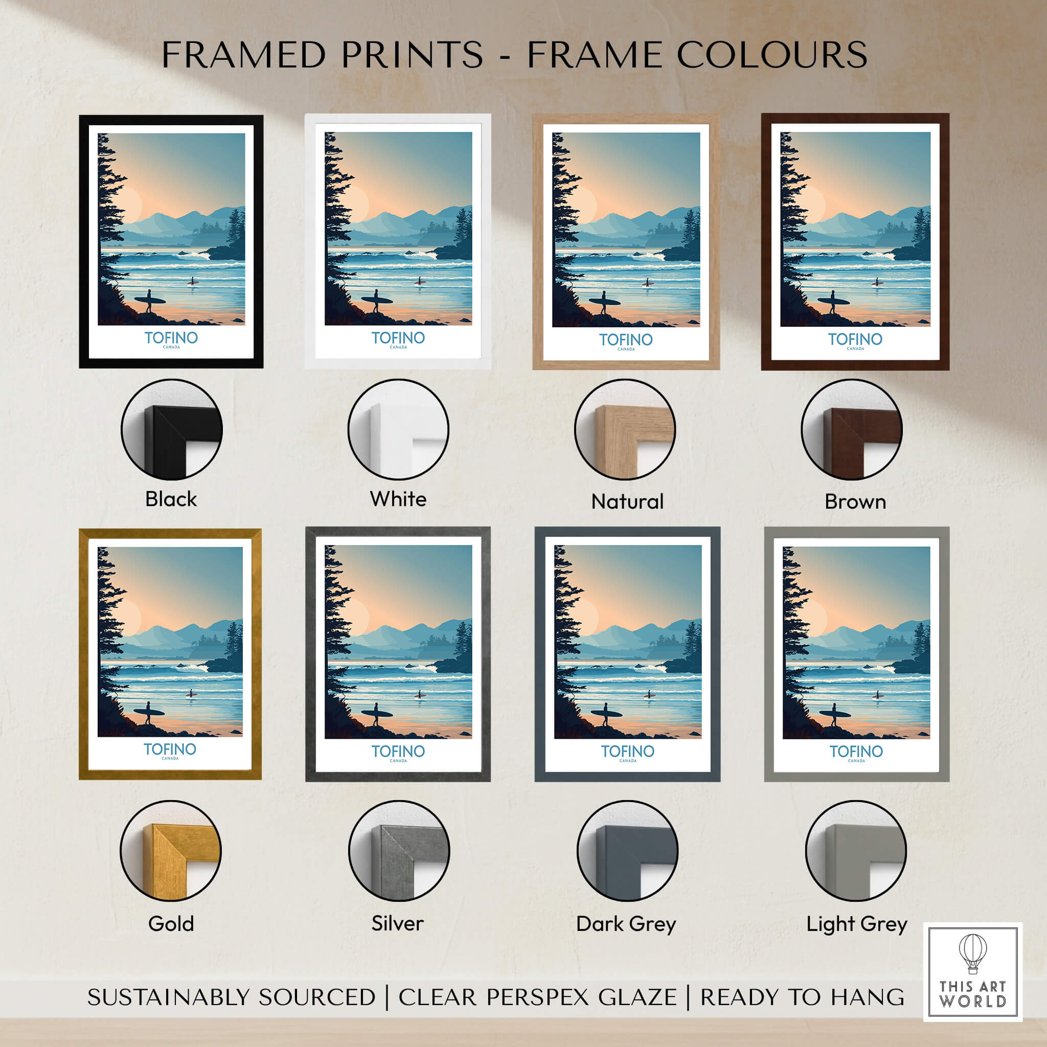 Tofino Canada Poster | British Columbia Coastal Sunset Canvas Print framed in various color options including black, white, natural, and more.