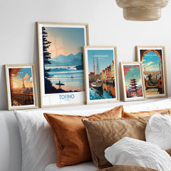 Tofino Canada Poster | British Columbia Coastal Sunset Canvas Print displayed with other travel posters in a cozy living room setting.