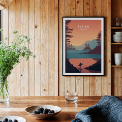 Tofino Canada Travel Poster | Sunset Beach Landscape Wall Art Print showcasing a serene sunset over a coastal landscape.