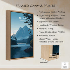Tofino Canada Wall Art Print | Wilderness Lake and Mountain Travel Poster showcased in a framed canvas print.