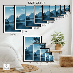 Tofino Canada Wall Art Print | Wilderness Lake and Mountain Travel Poster size guide showing various frame dimensions.