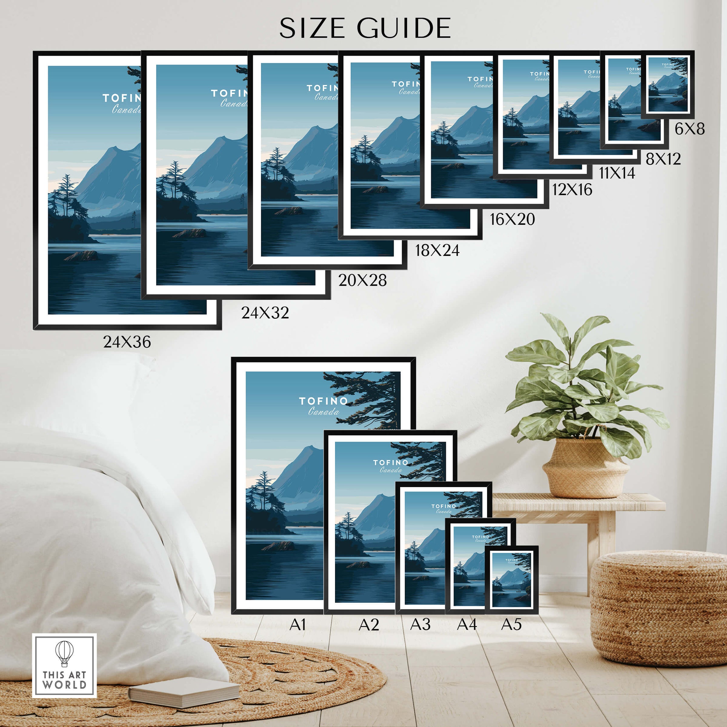 Tofino Canada Wall Art Print | Wilderness Lake and Mountain Travel Poster size guide showing various frame dimensions.