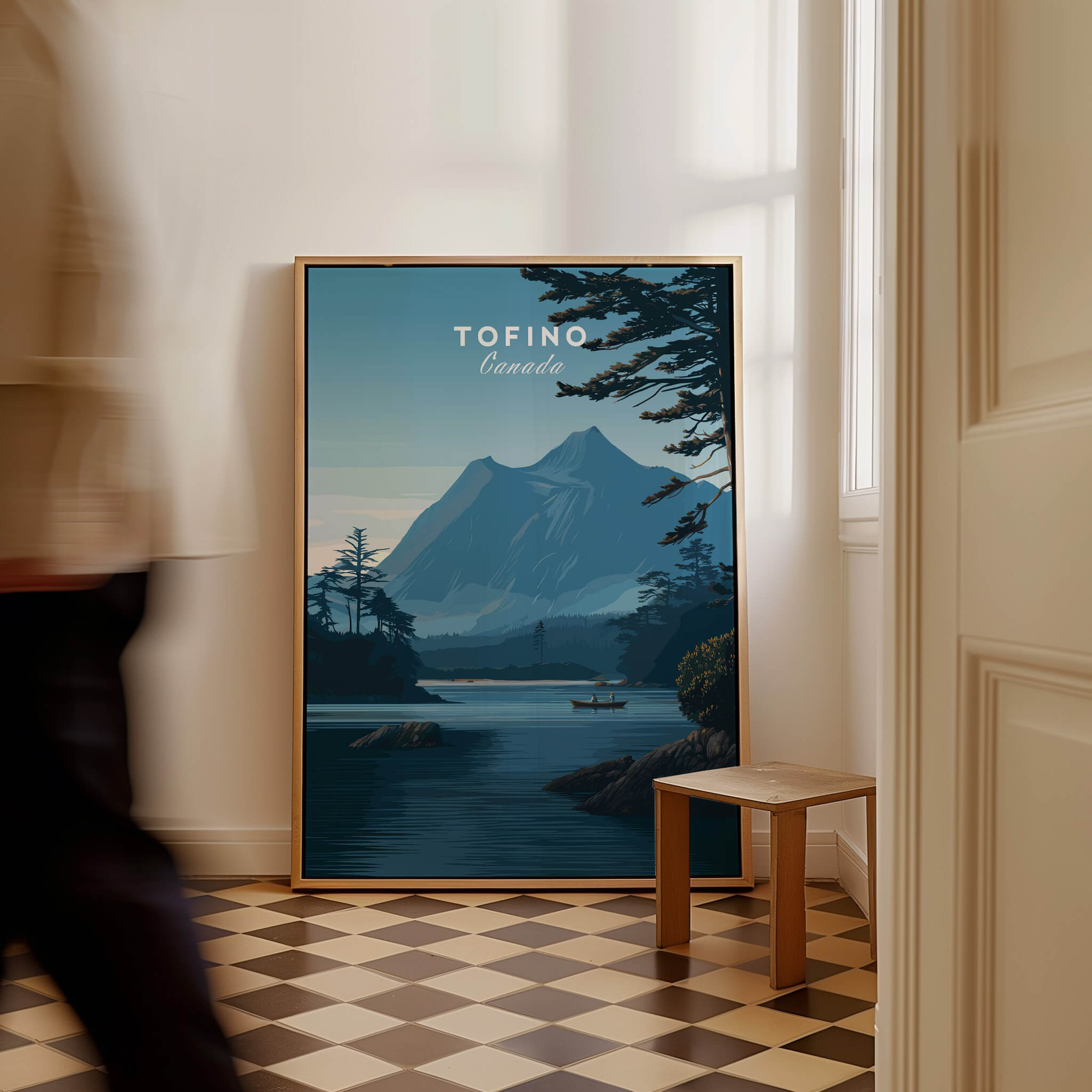 Tofino Canada Wall Art Print | Wilderness Lake and Mountain Travel Poster displayed in a cozy interior setting