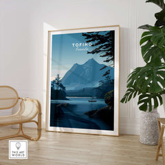 Tofino Canada Wall Art Print | Wilderness Lake and Mountain Travel Poster in a modern living room.