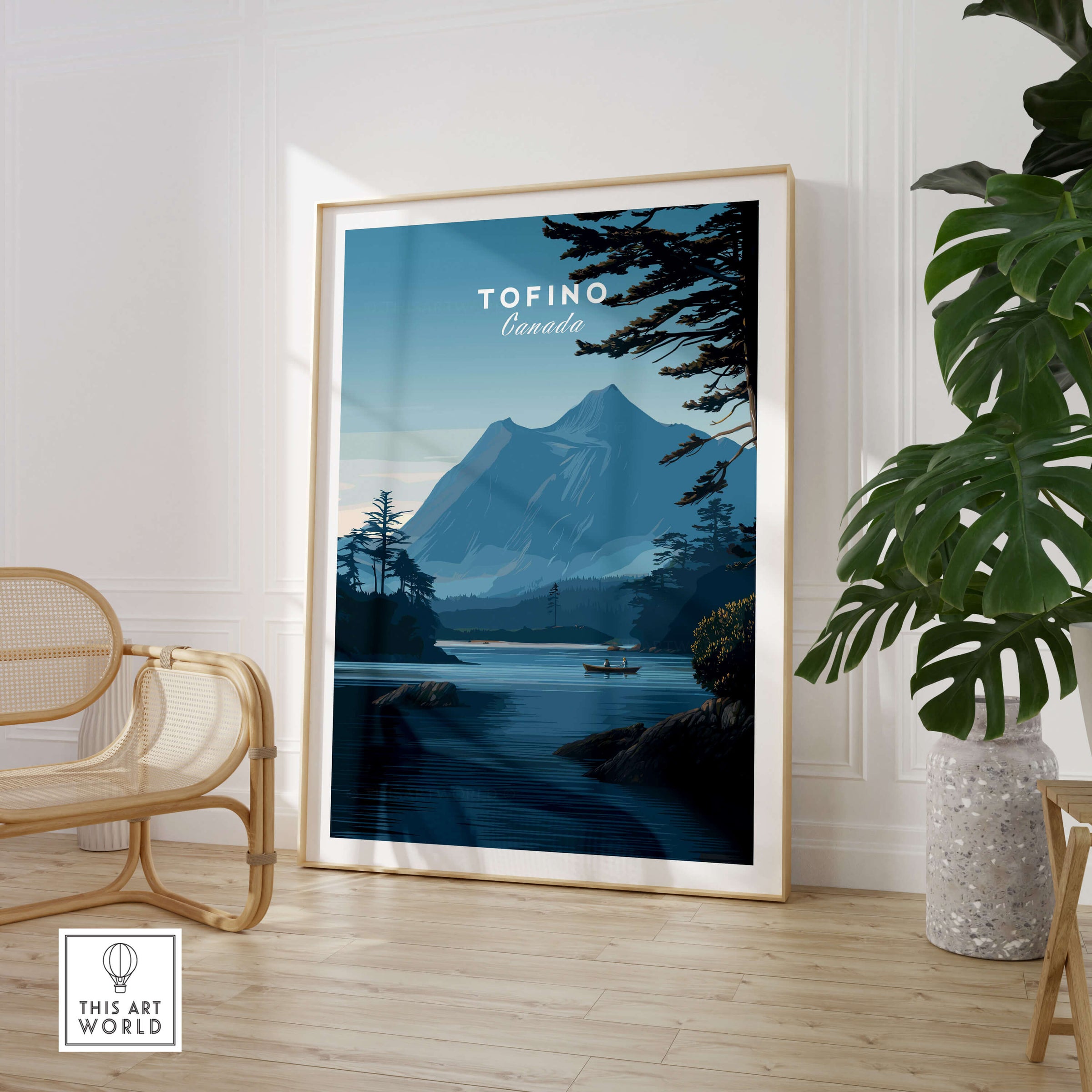 Tofino Canada Wall Art Print | Wilderness Lake and Mountain Travel Poster in a modern living room.