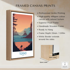 Tofino Canada Canvas Print | Coastal Pine Tree & Ocean View Poster displayed in a wooden frame with professional quality.