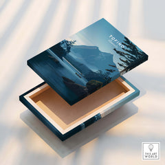 Tofino Canada Wall Art Print | Wilderness Lake and Mountain Travel Poster displayed on an open box.