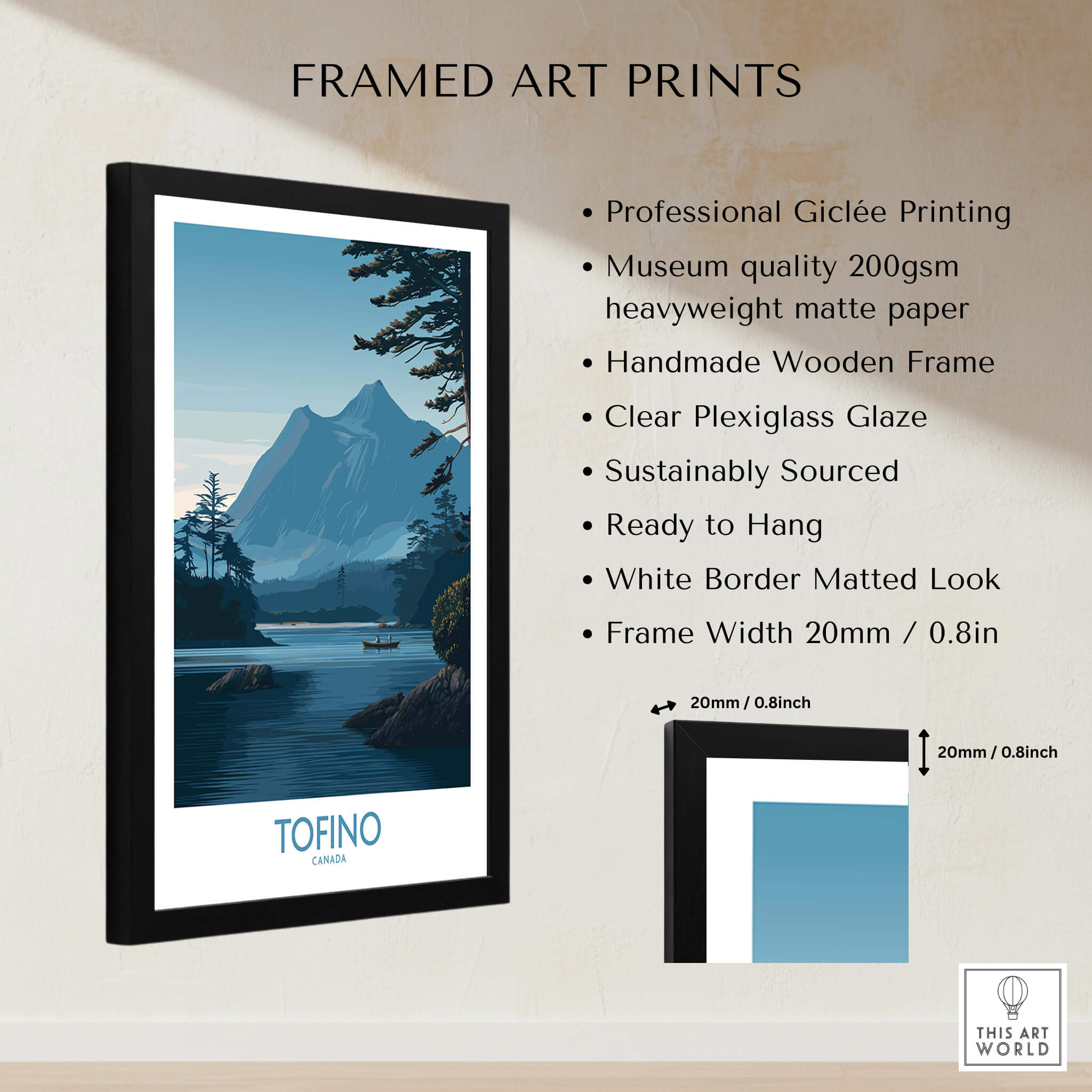Tofino Canada Poster | Serene Canoe Landscape Scene Canvas Print framed art print with professional giclée quality.