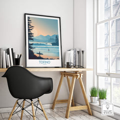 Tofino Canada Poster | British Columbia Coastal Sunset Canvas Print displayed in a stylish home office setting.