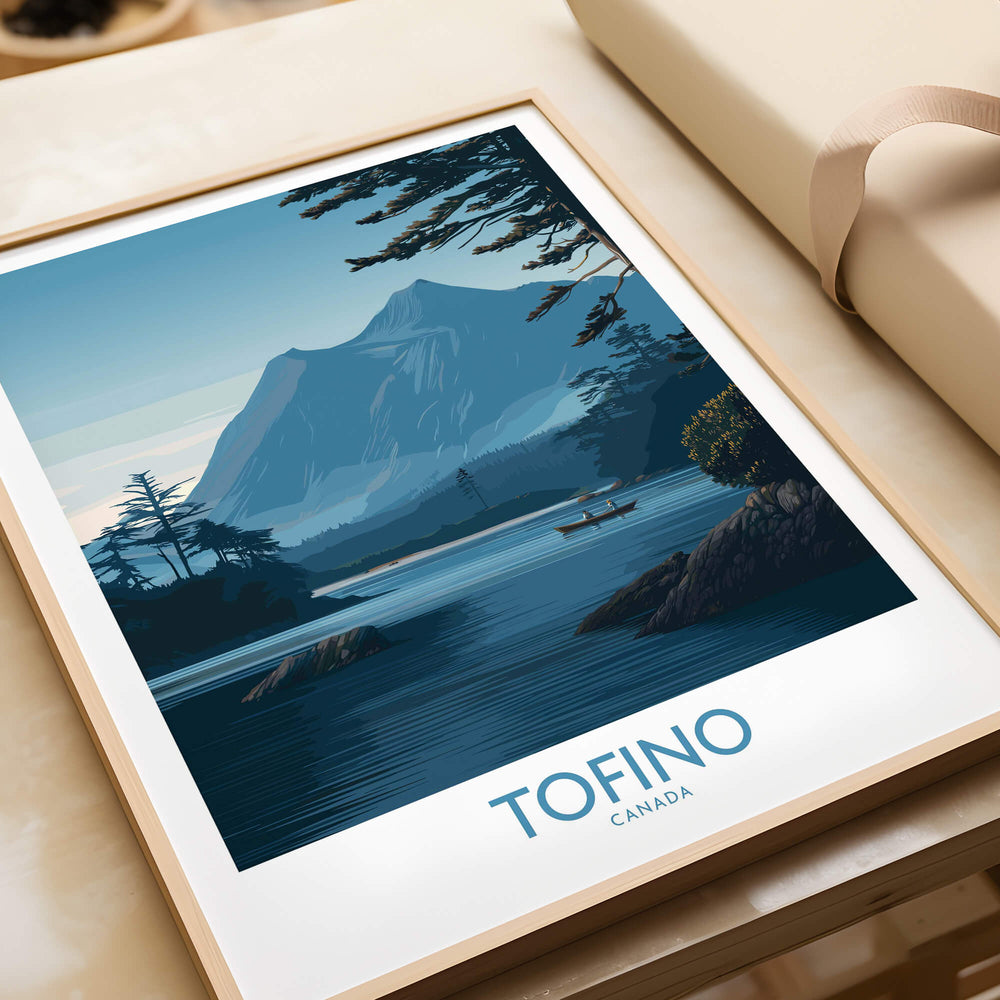 Tofino Canada Poster | Serene Canoe Landscape Scene Canvas Print showcasing a tranquil mountain and water view.