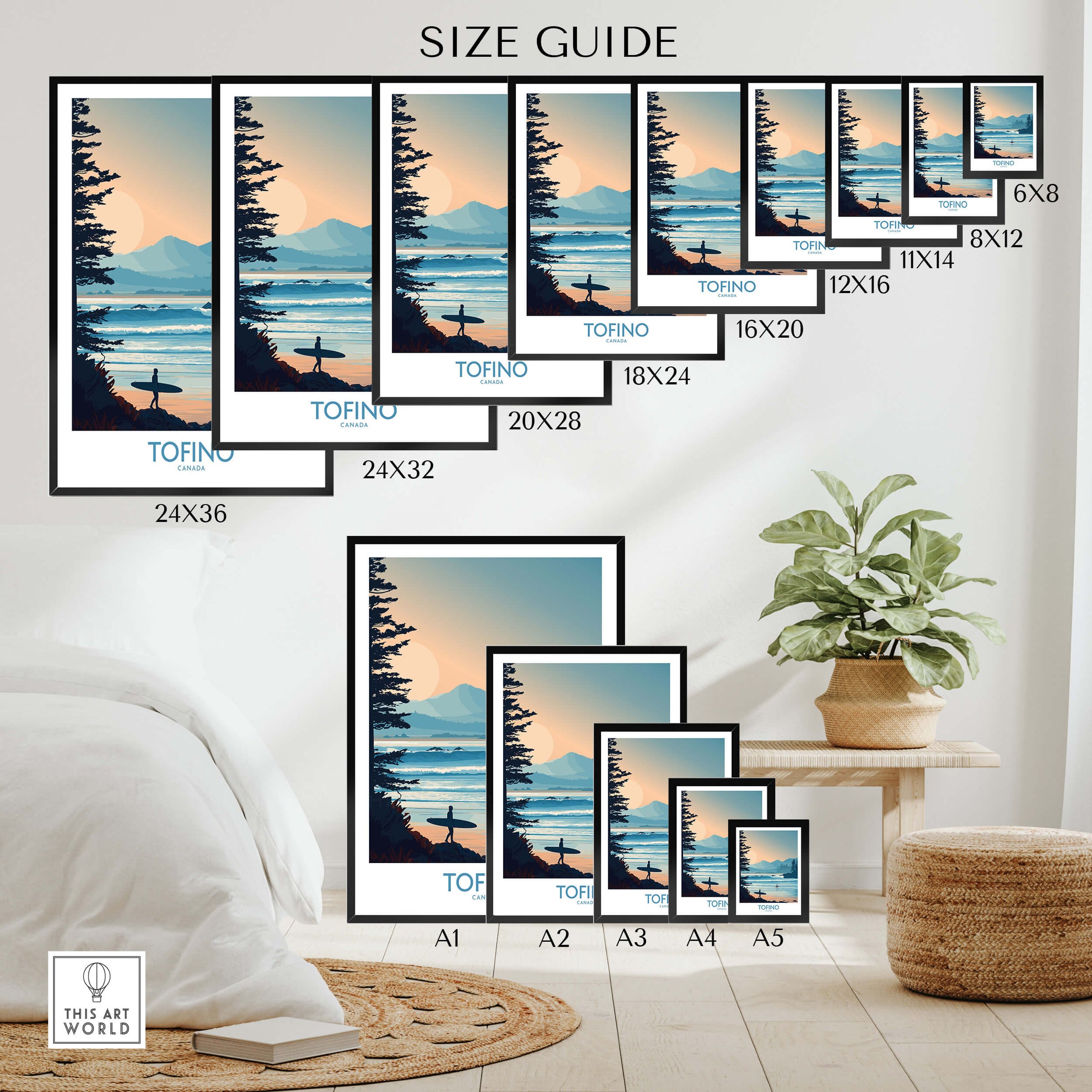Tofino Canada Poster | British Columbia Coastal Sunset Canvas Print size guide showing various sizes and designs.