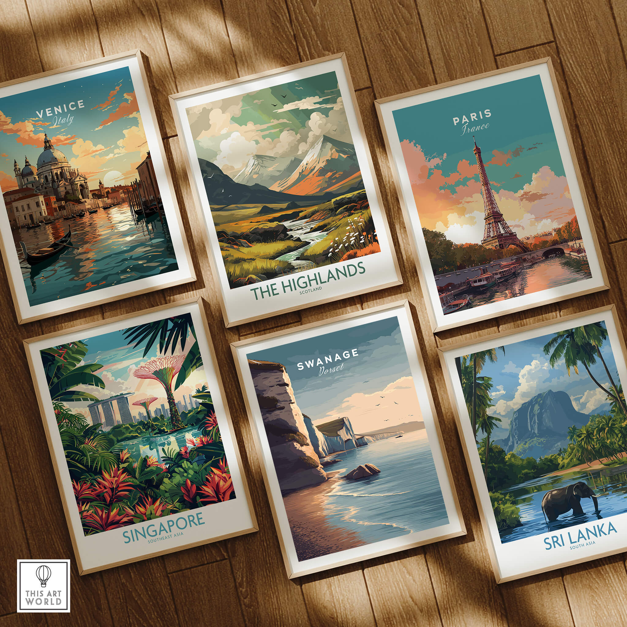 Swanage Print Dorset Wall Art | Old Harry Rocks Coastline Travel Poster collection featuring Venice, The Highlands, Paris, Singapore, and Sri Lanka.