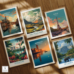 Morocco North Africa Wall Art Print | Mosque & Minaret Travel Poster displayed among global destination prints.
