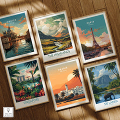 Agadir Travel Poster – Moroccan Mosque and Desert Sunset Art displayed among various travel posters.