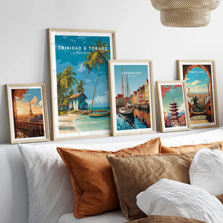 Trinidad & Tobago Beach Print | Caribbean Home Decor displayed in frames on a bed with decorative pillows.