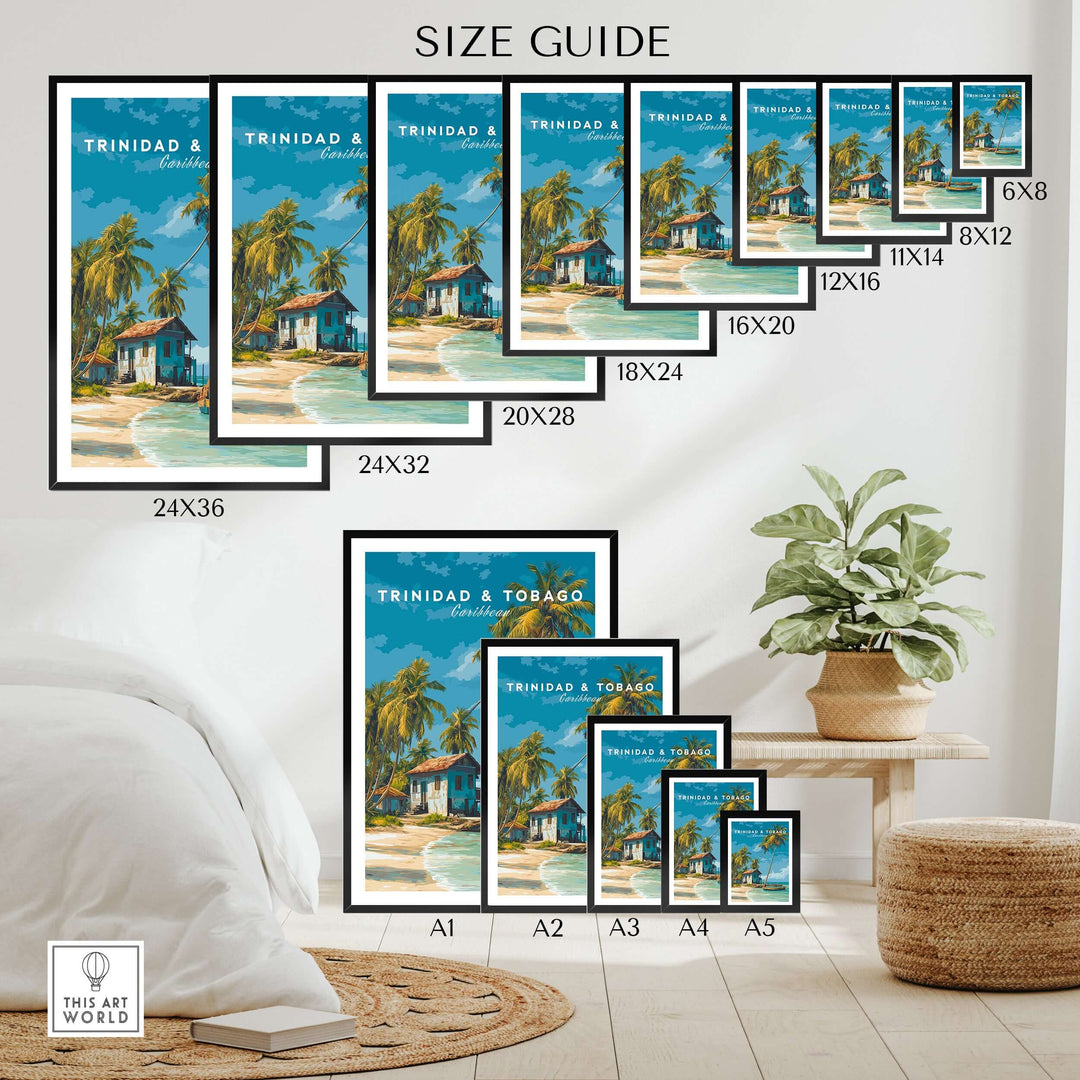 Size guide for Trinidad & Tobago Beach Print | Caribbean Home Decor displaying various frame sizes on a stylish wall.