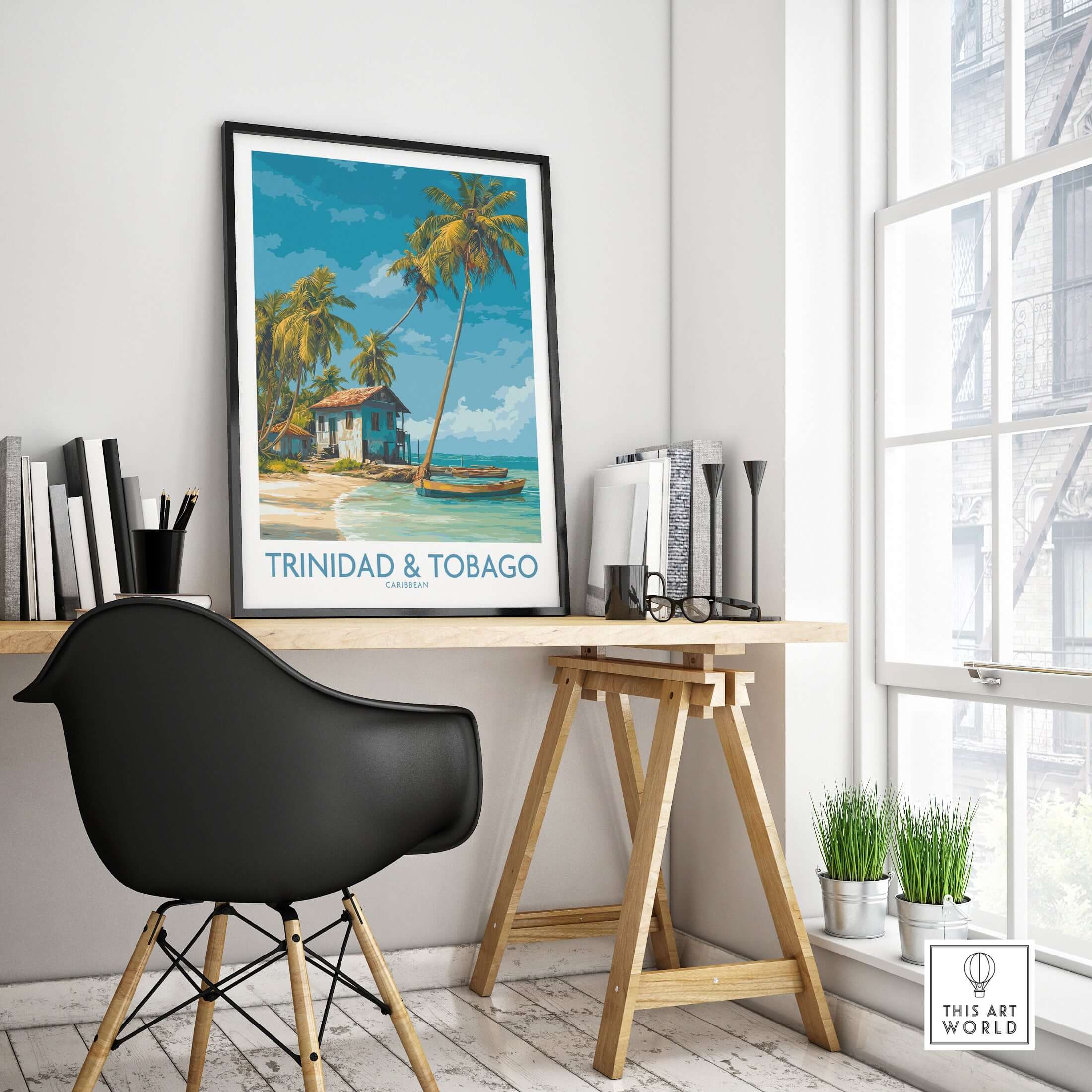 Trinidad & Tobago Caribbean Art Print | Tropical Palm Tree Poster displayed in a stylish home office setting.