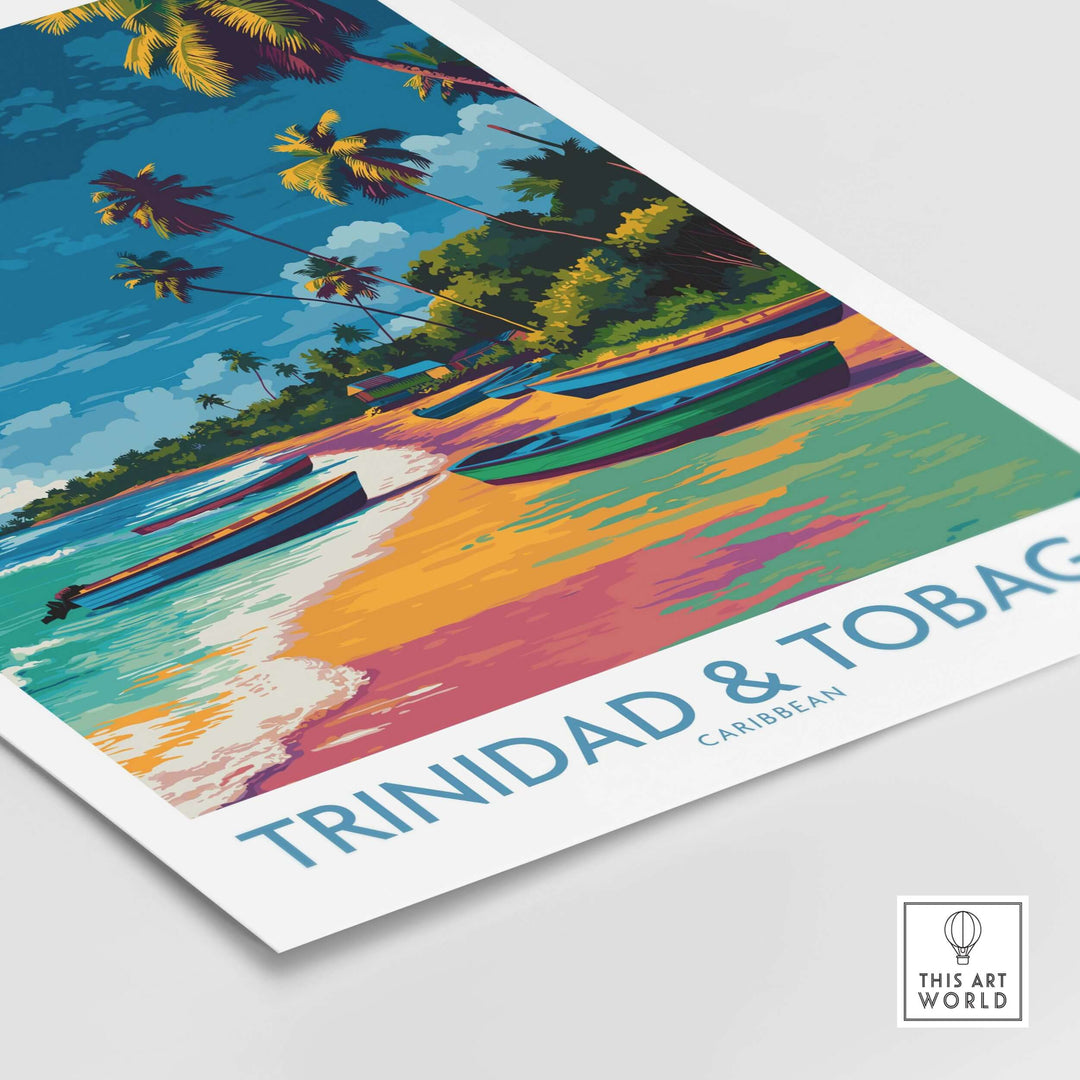Trinidad & Tobago Print | Tropical Caribbean Poster featuring vibrant beach scene with palm trees and boats.