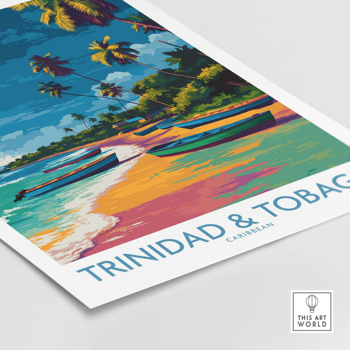 Trinidad & Tobago Print | Tropical Caribbean Poster featuring vibrant beach scene with palm trees and boats.